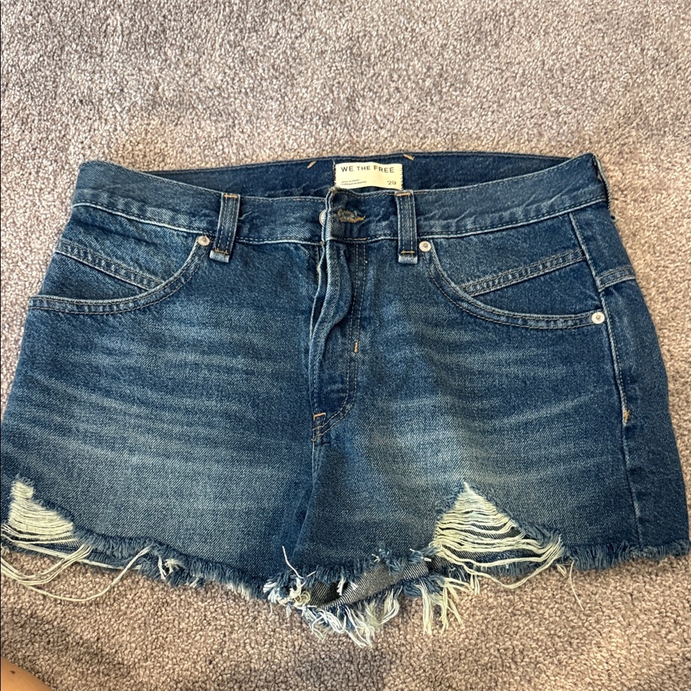 We The Free Raw Hem Distressed Denim Shorts - Dark Blue